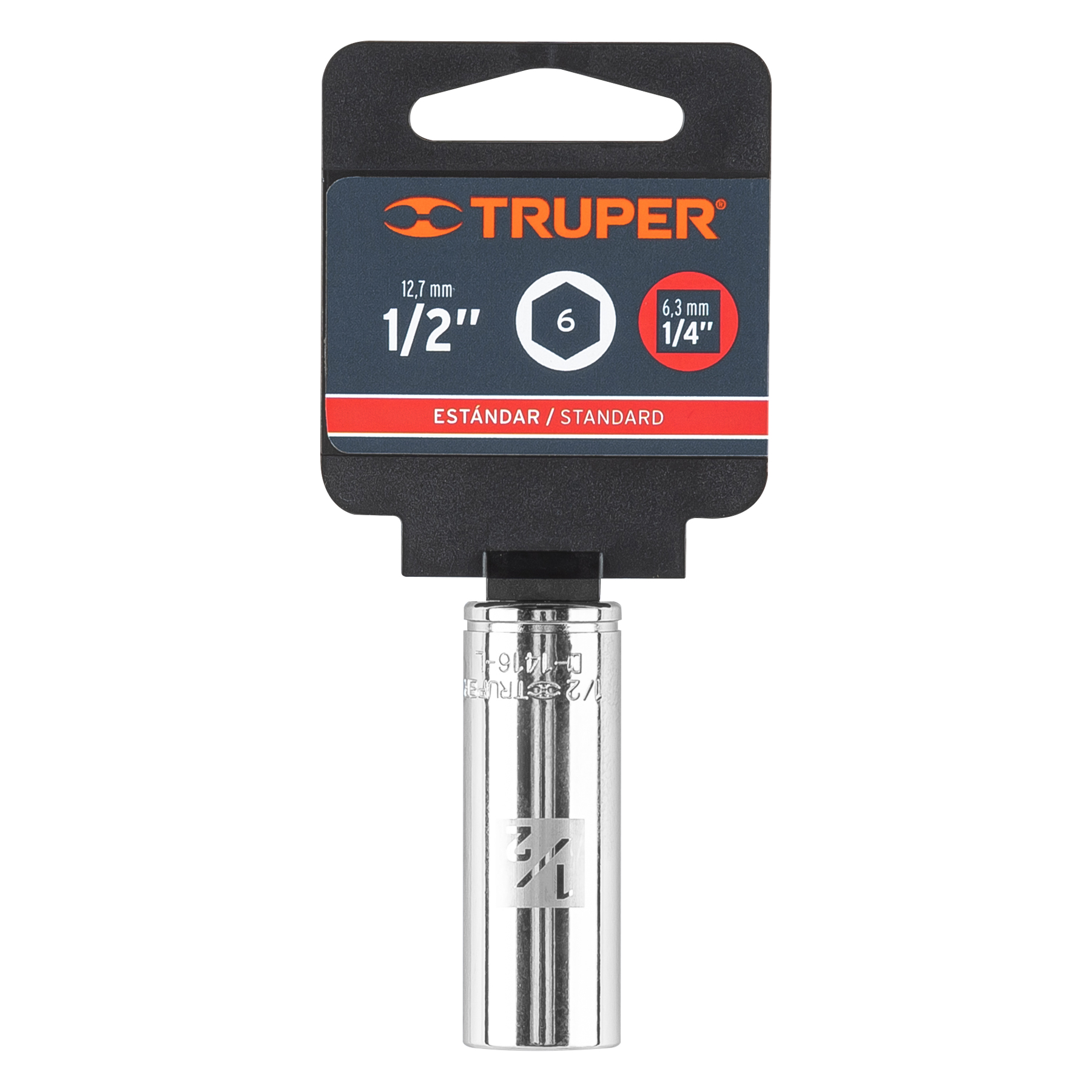 D-1416-L+E1 DADO LARGO DE 1/2", 6 PUNTAS, CUADRO 1/4" TRUPER D-1416L